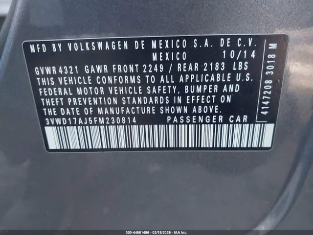 44661456 :رقم المزاد ، 3VWD17AJ5FM230814 vin ، 2015 Volkswagen Jetta 1.8t Se مزاد بيع