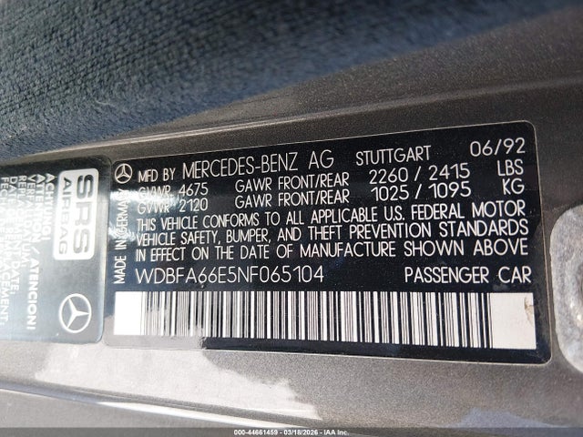 1992 MERCEDES-BENZ 500 WDBFA66E5NF065104 Photo 8