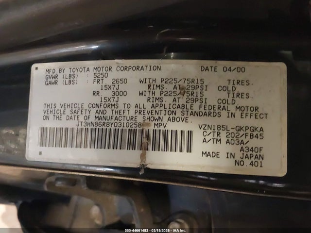 2000 TOYOTA 4RUNNER JT3HN86R8Y0310258 Photo 8