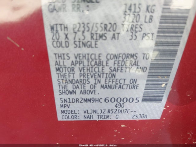Aukcja sprzedaży 2017 Nissan Pathfinder Platinum/s/sl/sv, vin: 5N1DR2MM9HC600005, numer aukcji: 44661495