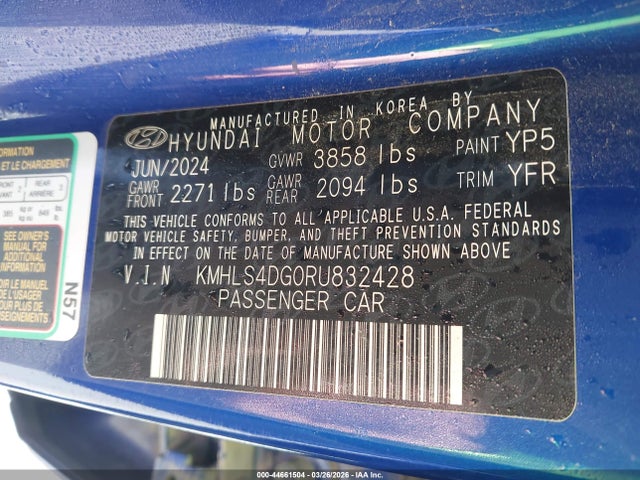 Продажа на аукционе авто 2024 Hyundai Elantra Sel, vin: KMHLS4DG0RU832428, номер лота: 44661504