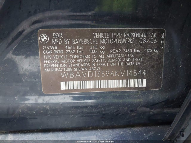 Продажа на аукционе авто 2006 Bmw 325xi, vin: WBAVD13596KV14544, номер лота: 44661514