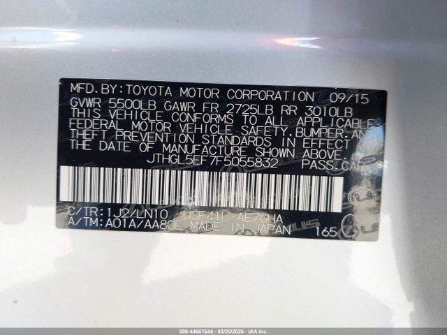 2015 Lexus Ls 460 L მანქანა იყიდება აუქციონზე, vin: JTHGL5EF7F5055832, აუქციონის ნომერი: 44661544