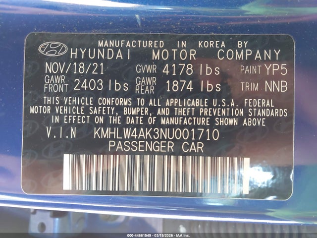 44661549 :رقم المزاد ، KMHLW4AK3NU001710 vin ، 2022 Hyundai Elantra N مزاد بيع