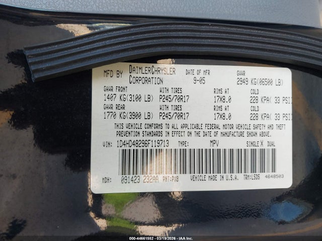 Продажа на аукционе авто 2006 Dodge Durango Slt, vin: 1D4HD48296F119713, номер лота: 44661552