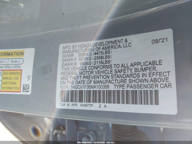 1HGCV1F35MA100358 Honda Accord Sport