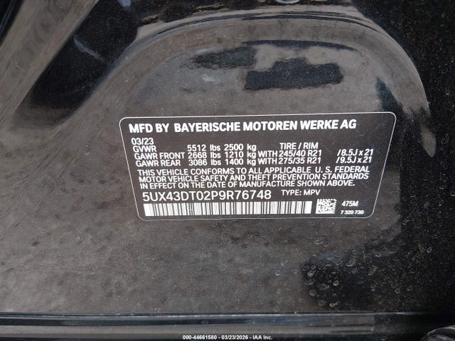 44661580 :رقم المزاد ، 5UX43DT02P9R76748 vin ، 2023 Bmw X4 M40i مزاد بيع