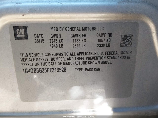 44661582 :رقم المزاد ، 1G4GB5G36FF313528 vin ، 2015 Buick Lacrosse Leather مزاد بيع