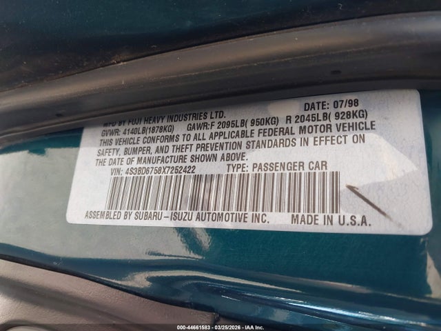 Aukcja sprzedaży 1999 Subaru Legacy 2.5gt/30th Ann. 2.5 Gt Ltd., vin: 4S3BD6758X7252422, numer aukcji: 44661583