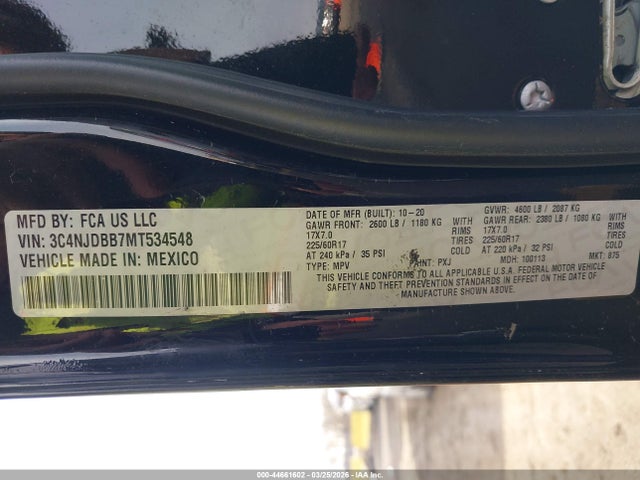 2021 Jeep Compass Latitude 4x4 მანქანა იყიდება აუქციონზე, vin: 3C4NJDBB7MT534548, აუქციონის ნომერი: 44661602