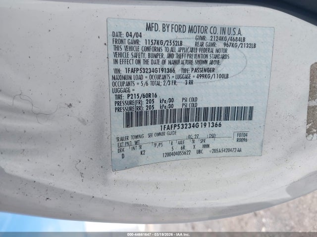 Aukcja sprzedaży 2004 Ford Taurus Se, vin: 1FAFP53234G191366, numer aukcji: 44661647