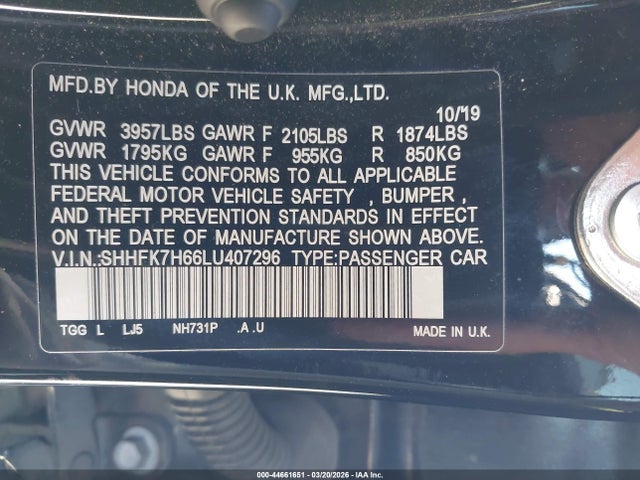 SHHFK7H66LU407296 Honda CIVIC EX