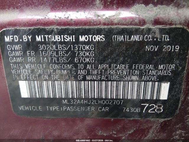 44661662 :رقم المزاد ، ML32A4HJ2LH002707 vin ، 2020 Mitsubishi Mirage Se مزاد بيع