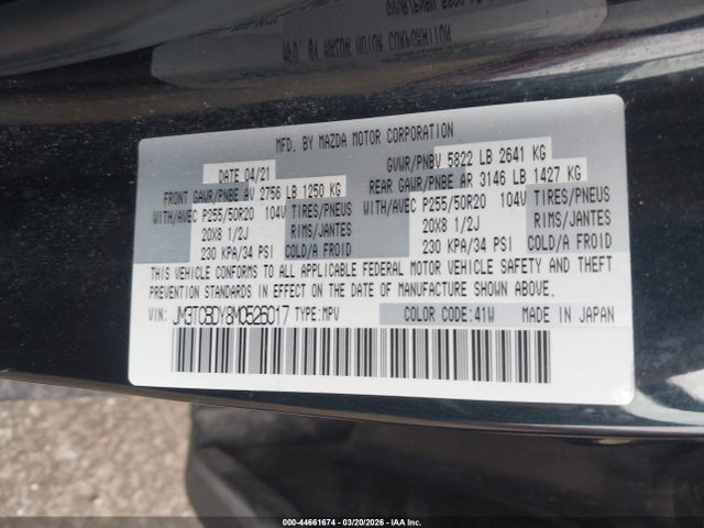 44661674 :رقم المزاد ، JM3TCBDY8M0526017 vin ، 2021 Mazda Cx-9 Grand Touring مزاد بيع