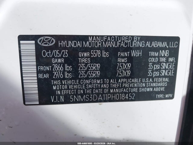 Aukcja sprzedaży 2023 Hyundai Santa Fe Hybrid Sel Premium, vin: 5NMS3DA11PH018452, numer aukcji: 44661680