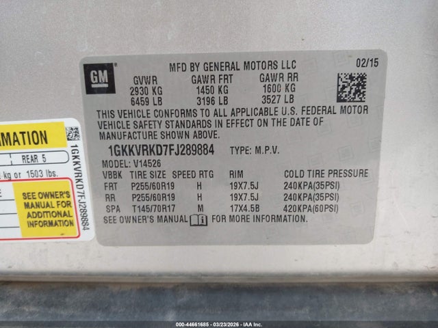 44661685 :رقم المزاد ، 1GKKVRKD7FJ289884 vin ، 2015 Gmc Acadia Slt-1 مزاد بيع