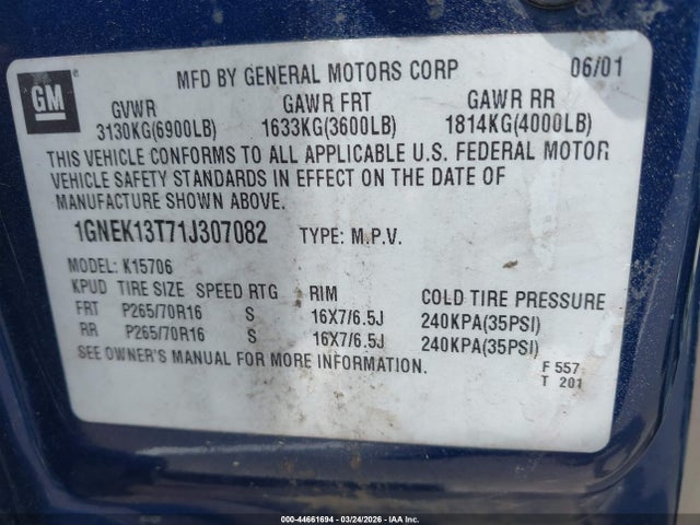 2001 CHEVROLET TAHOE 1GNEK13T71J307082 Photo 8