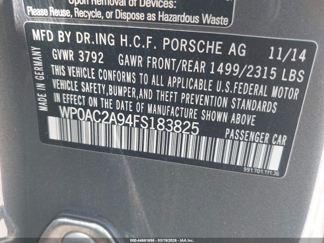 Продаж на аукціоні авто 2015 Porsche 911 Gt3, vin: WP0AC2A94FS183825, номер лоту: 44661696