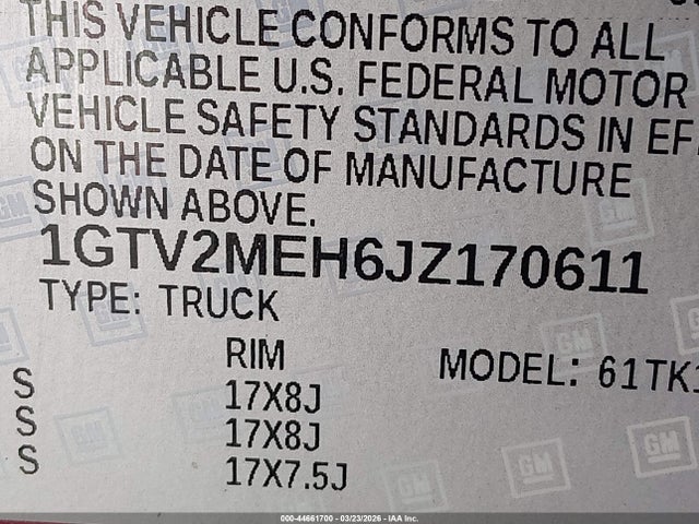 Продаж на аукціоні авто 2018 Gmc Sierra 1500 Sle, vin: 1GTV2MEH6JZ170611, номер лоту: 44661700