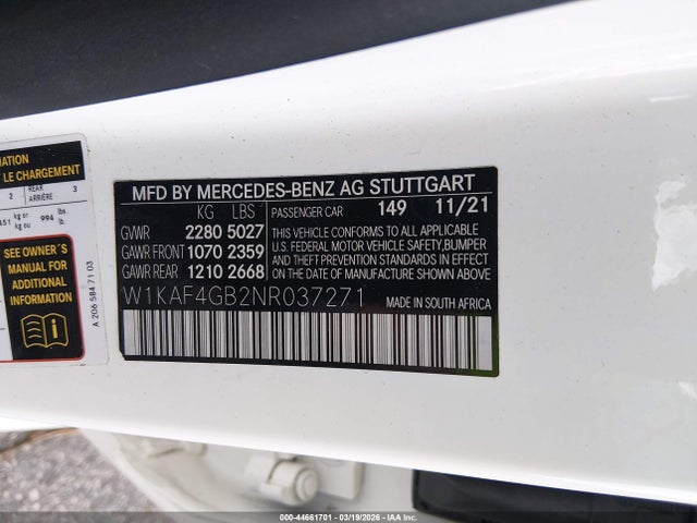 Продажа на аукционе авто 2022 Mercedes-benz C 300 Sedan, vin: W1KAF4GB2NR037271, номер лота: 44661701