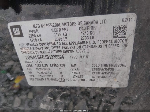 Auction sale of the 2011 Chevrolet Equinox Ls, vin: 2GNALBEC4B1238894, lot number: 44661707