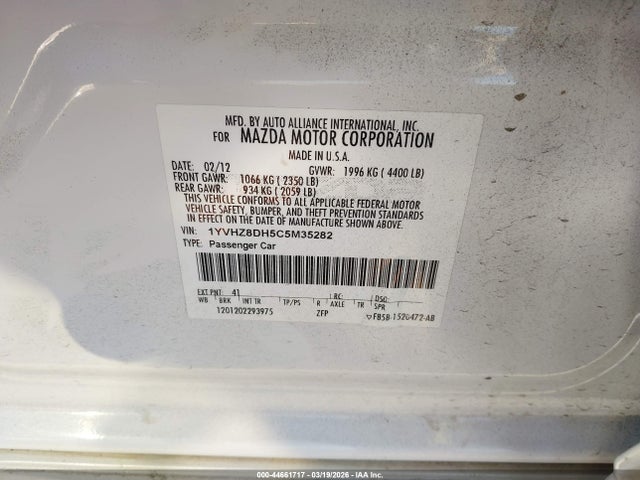 Aukcja sprzedaży 2012 Mazda Mazda6 I Touring, vin: 1YVHZ8DH5C5M35282, numer aukcji: 44661717