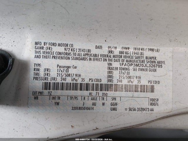 1FADP3M20JL326705 Ford FOCUS SEL