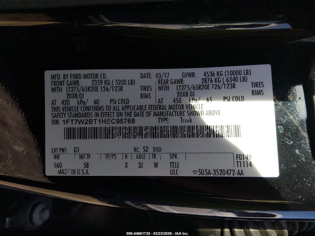 44661725 :رقم المزاد ، 1FT7W2BT1HEC95768 vin ، 2017 Ford F-250 Lariat مزاد بيع