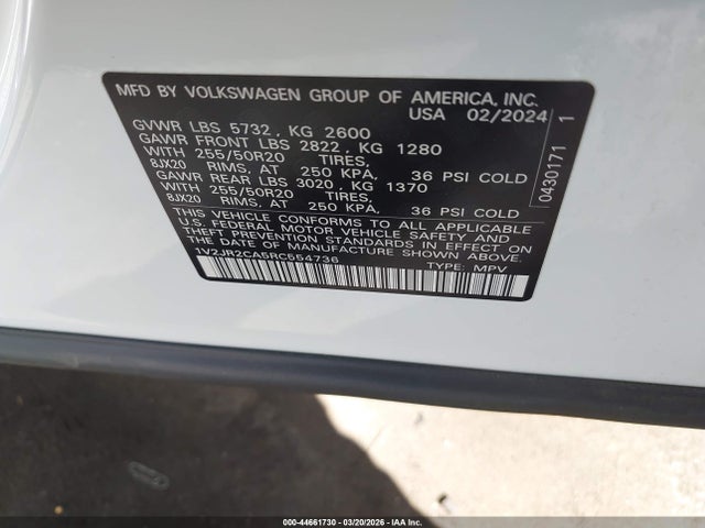 2024 Volkswagen Atlas 2.0t Se W/technology მანქანა იყიდება აუქციონზე, vin: 1V2JR2CA5RC554736, აუქციონის ნომერი: 44661730