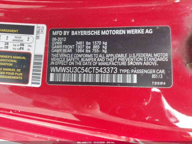 Продаж на аукціоні авто 2012 Mini Cooper, vin: WMWSU3C54CT543373, номер лоту: 44661732