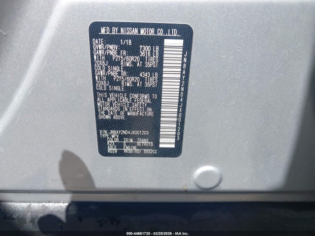 Aukcja sprzedaży 2018 Nissan Armada Sl, vin: JN8AY2ND4JX001203, numer aukcji: 44661735