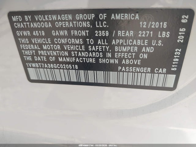 1VWBT7A36GC020518 Volkswagen Passat 1.8t Se