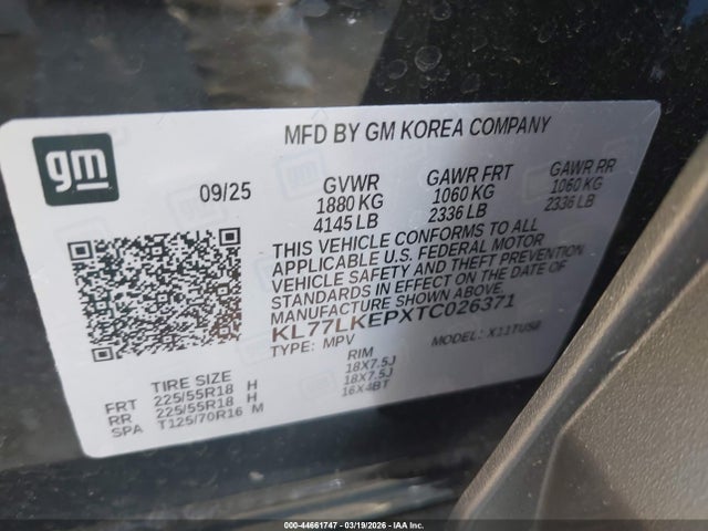 Продаж на аукціоні авто 2026 Chevrolet Trax Fwd Activ, vin: KL77LKEPXTC026371, номер лоту: 44661747