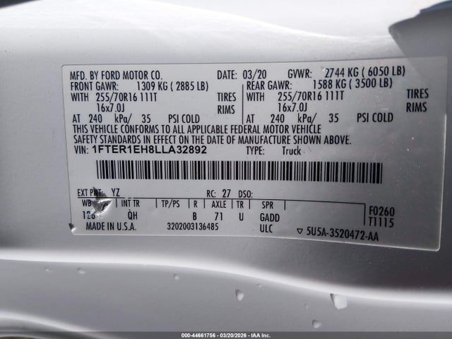 44661756 :رقم المزاد ، 1FTER1EH8LLA32892 vin ، 2020 Ford Ranger Xl مزاد بيع