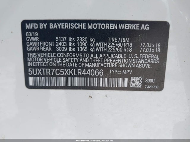 44661762 :رقم المزاد ، 5UXTR7C5XKLR44066 vin ، 2019 Bmw X3 Sdrive30i مزاد بيع