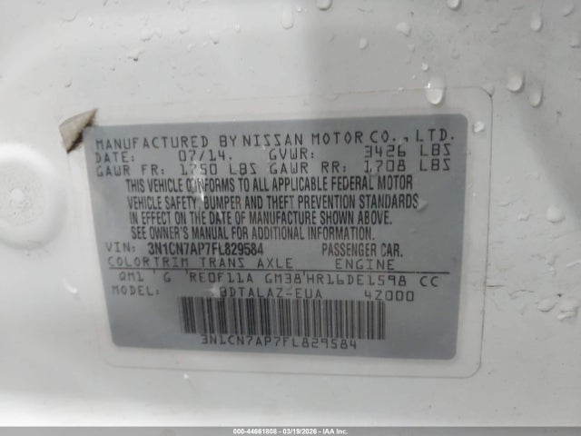 3N1CN7AP7FL829584 Nissan Versa 1.6 S+