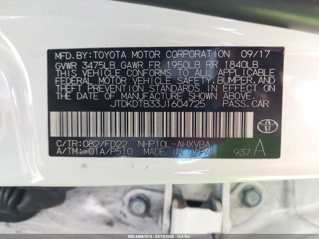 JTDKDTB33J1604725 Toyota Prius C One