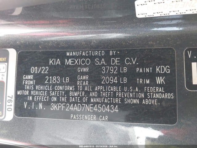 Продажа на аукционе авто 2022 Kia Forte Lxs, vin: 3KPF24AD7NE450434, номер лота: 44661815