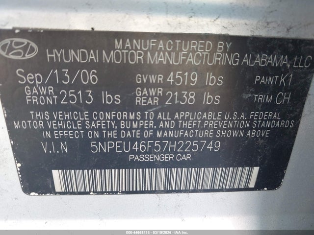 44661818 :رقم المزاد ، 5NPEU46F57H225749 vin ، 2007 Hyundai Sonata Limited/se V6 مزاد بيع