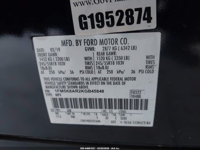 1FM5K8AR2KGB45848 Ford Police Interceptor Utility
