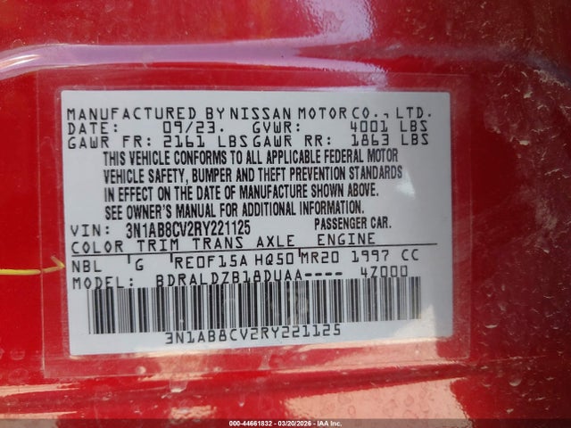 Продаж на аукціоні авто 2024 Nissan Sentra Sv Xtronic Cvt, vin: 3N1AB8CV2RY221125, номер лоту: 44661832