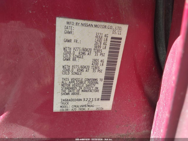 Продажа на аукционе авто 2011 Nissan Titan Sl, vin: 1N6BA0ED4BN322158, номер лота: 44661839