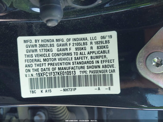 44661840 :رقم المزاد ، 19XFC1F37KE010513 vin ، 2019 Honda Civic Ex مزاد بيع