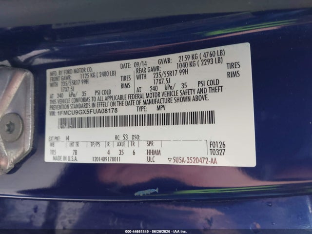 44661849 :رقم المزاد ، 1FMCU9GX5FUA08178 vin ، 2015 Ford Escape Se مزاد بيع