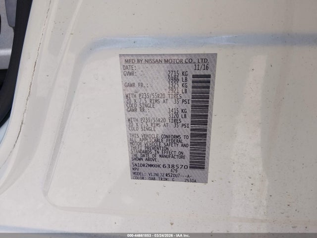 Продажа на аукционе авто 2017 Nissan Pathfinder Platinum, vin: 5N1DR2MMXHC638570, номер лота: 44661853