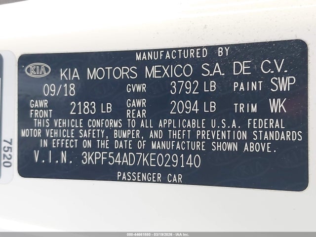 2019 Kia Forte Ex მანქანა იყიდება აუქციონზე, vin: 3KPF54AD7KE029140, აუქციონის ნომერი: 44661880