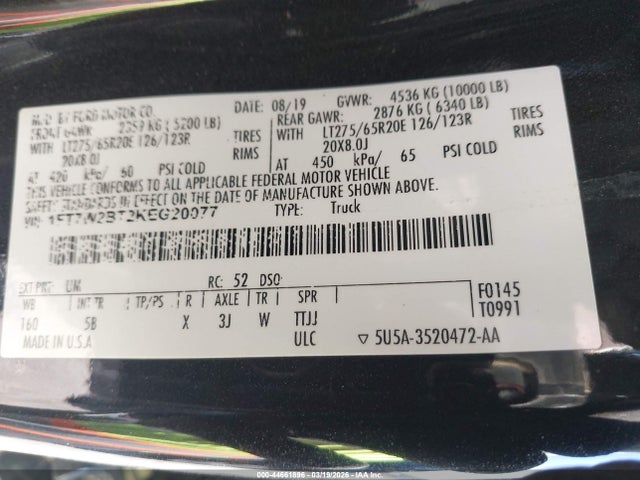 Aukcja sprzedaży 2019 Ford F-250 Lariat, vin: 1FT7W2BT2KEG20077, numer aukcji: 44661896