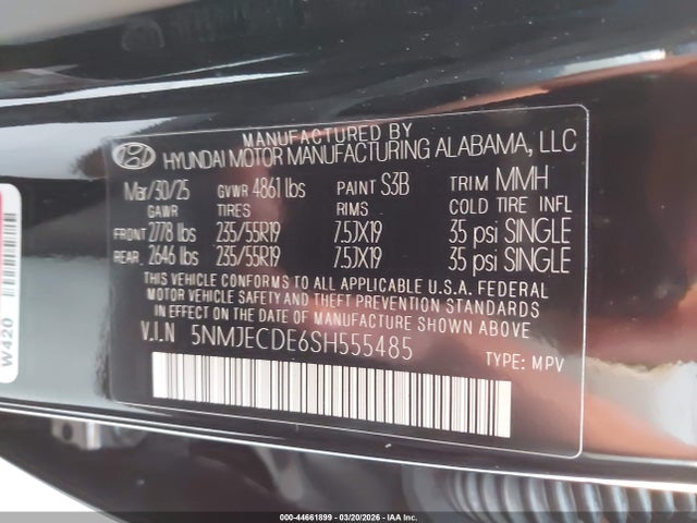 Aukcja sprzedaży 2025 Hyundai Tucson Limited, vin: 5NMJECDE6SH555485, numer aukcji: 44661899