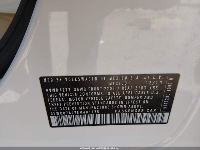 44661911 :رقم المزاد ، 3VWD07AJ7EM401175 vin ، 2014 Volkswagen Jetta 1.8t Se مزاد بيع