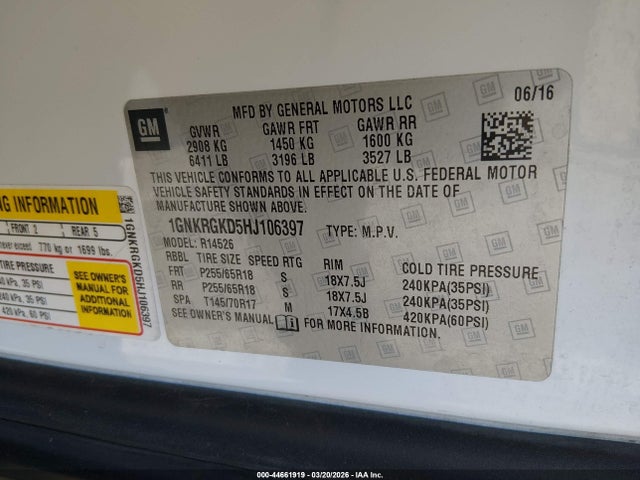 1GNKRGKD5HJ106397 Chevrolet Traverse 1lt